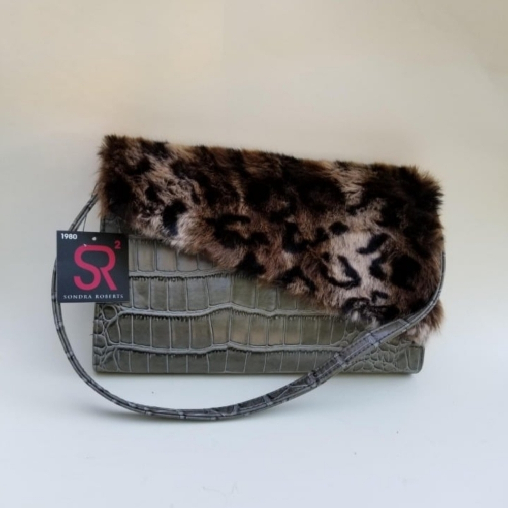 Sondra Roberts SR2 faux leopard fur‎ and olive green embossed croc shoulder bag